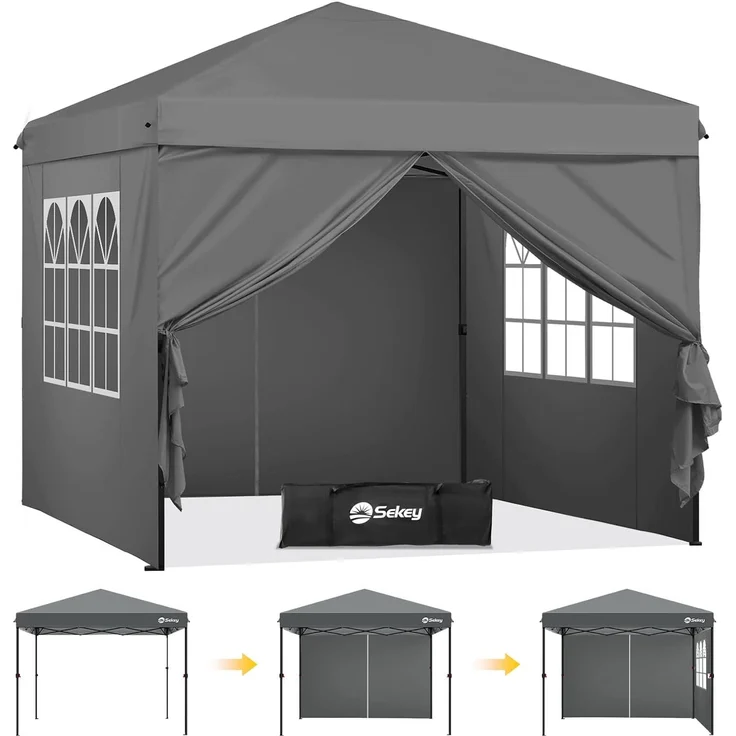 Sekey Premium Pop Up Pavillon 3x3 Wasserdicht Stabil, 3 x 3 m Pavillon mit Seitenwänden, Faltpavillon Partyzelt Faltbar für Camping Party, Höhe Verstellbar 250-270cm, (Grau, Mit Seitenwänden)