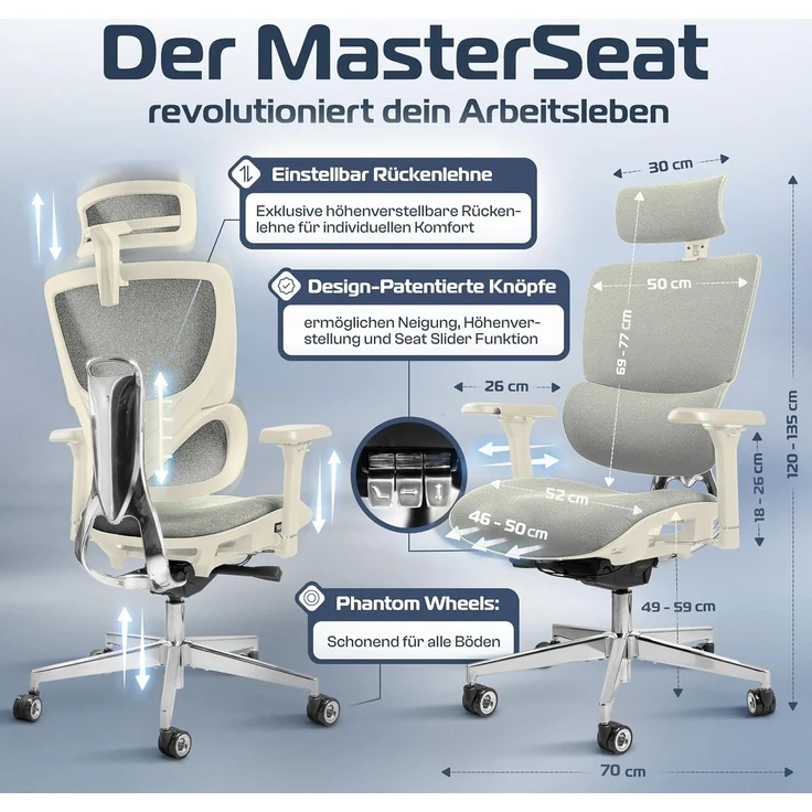 CLOUVOU MasterSeat Bürostuhl Ergonomisch [TESTSIEGER] Schreibtischstuhl 100% individuell einstellbar | Büro Stuhl & Gaming Stuhl | Computerstuhl Home Office Chair Ergonomic | Drehstuhl 150 kg – Bild 2