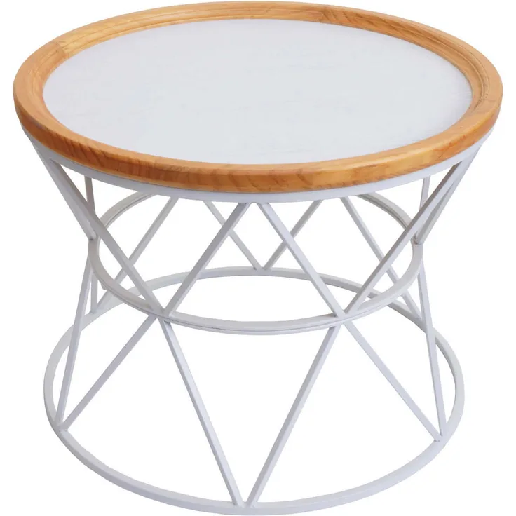 MCW Couchtisch N32, Weiß, Holz, 66x51x66 cm, runder Tisch mit geometrischem Eisengestell, pflegeleichte Oberfläche