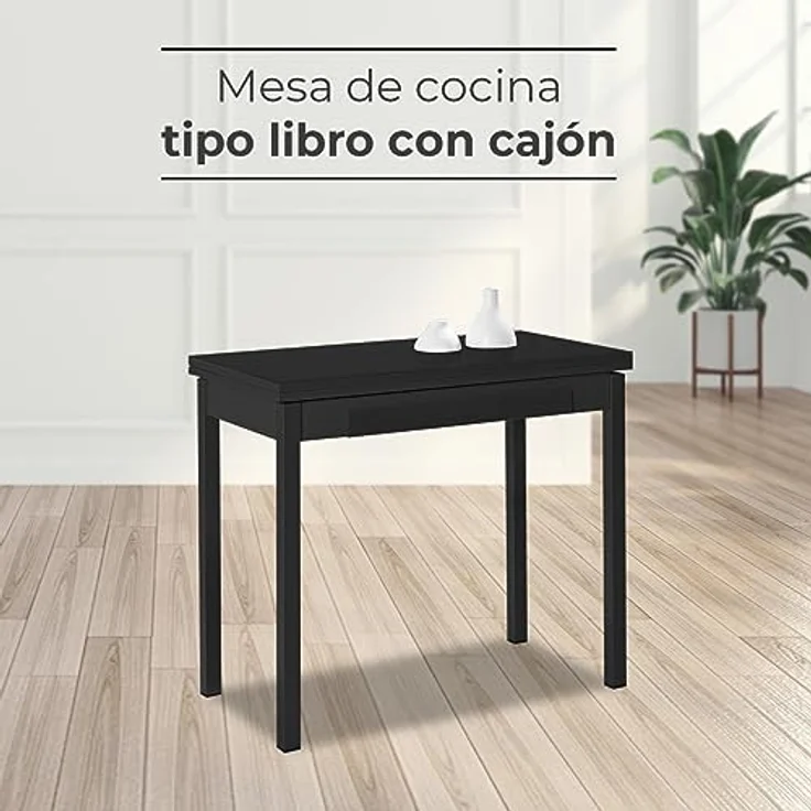 ASTIMESA - Küchentisch mit Schublade - Tisch mit Glasplatte in Schwarz - Minimalistisch - Gestell aus schwarzem Laminat - Tisch ausziehbar von 80 x 40 cm bis 80 x 80 cm – Bild 2