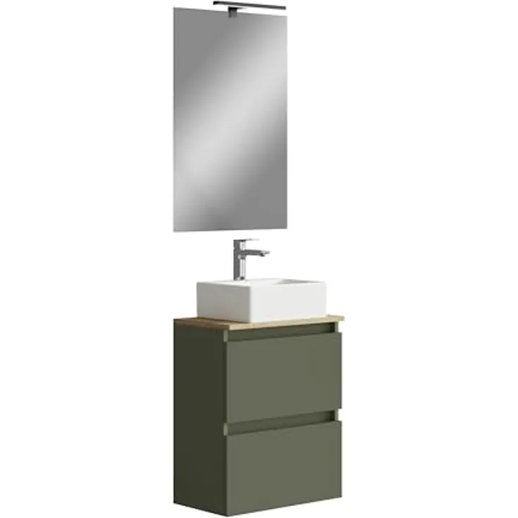 Baikal Maia Badezimmermöbel-Set, kleines Waschbecken aus Keramik und Spiegel mit LED-Licht, hängender Wandschrank, Verschiedene Ausführungen und Maße, montiertes Möbelstück.