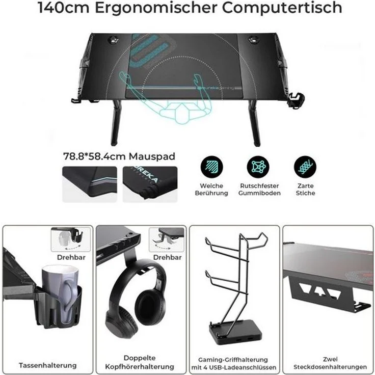 EE EUREKA ERGONOMIC Gamingtisch Computertisch mit LED PC Schreibtisch Ergonomischer Schwarz (1-St, Gaming Tisch mit Kabelmanagement, Getränkehalter und Kopfhörerhalter), Höhenverstellbarer Fuß (10mm) für Home Büro Office Zimmer – Bild 4