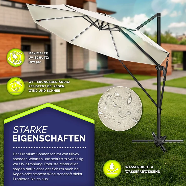 tillvex® Premium Alu Sonnenschirm 330 cm Beige + Abdeckung & Windsicherung | Ampelschirm 6-Fach Verstellbar mit Kurbel | Gartenschirm 360° Drehbar Neigbar Kippbar | Kurbelschirm UV50+ Groß wasserdicht – Bild 2