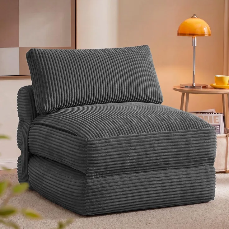 VASAGLE Schlafsessel aus Cord und Schaumstoff, Faltbares Sofabett mit Kissen, 89 x 89 x 78 cm / 89 x 195 x 43 cm, Bleigrau, für Gästezimmer, Camila Kollektion LCS211G101