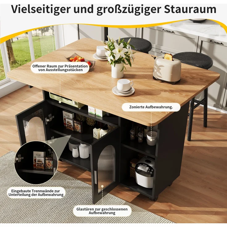Kücheninsel 120 cm Schwarz & Natur mit klappbaren Seitenbeinen, Küchenwagen aus MDF, Metall und Glas, mit Stauraum, offenen und geschlossenen Ablagen, 79.5cmx120cmx70cm – Bild 4