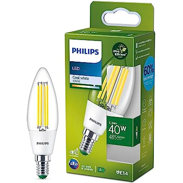 Philips E14 LED-Kerze C35, 2,3W 485lm, 4.000K klar, energieeffizienter Ersatz für 40W Glühlampen – Bild 1