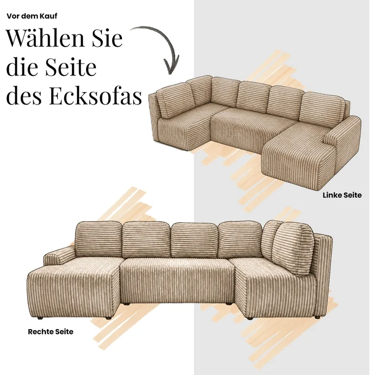 U-förmiges Sofa NESSARO COR U mit Schlaffunktion und Bettkasten, Freistehende Wohnlandschaft, DL-System, Bonellfederkern - Grau Cord - Rechts Seite – Bild 14