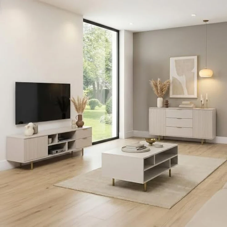 Lomadox Wohnzimmer-Set NADOR-132, (Mega-Spar-Set, 3-St, Couchtisch Lowboard Sideboard), Kaschmir mit goldfarbenen Metallgriffen und -füßen, Front Rillenoptik – Bild 1