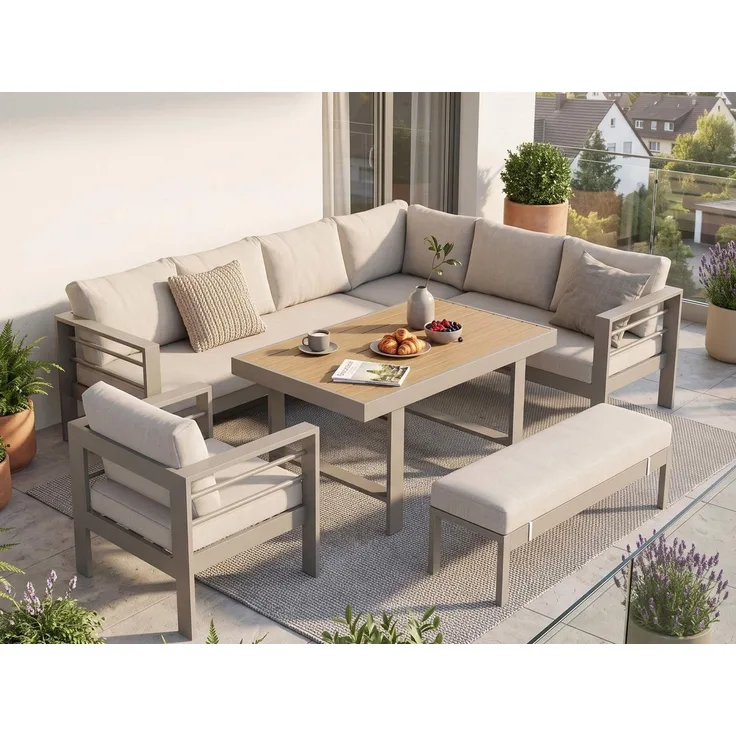 MeXo Gartenlounge-Set XXL Outdoor Lounge Set mit Esstisch, (wetterfeste modulare Ecklounge aus Aluminium, 6-tlg, Gartenmöbel Set für 6-9 Personen), 12cm Deluxe Relax-Sitzkissen, 8 cm breite Armlehne
