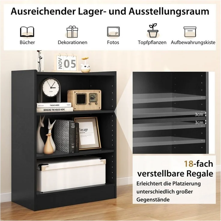 COSTWAY Bücherregal, mit 3 Fächern & verstellbaren Regalen, 30 x 50 x 75 cm – Bild 3