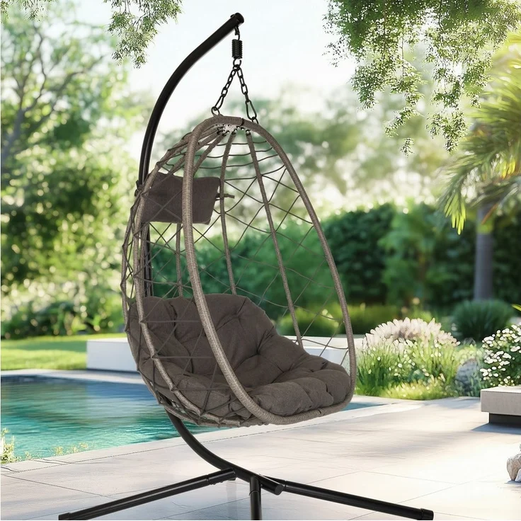 hjh LIVING Gartenstuhl Outdoor Stuhl COCOVA Stoff, Pe-Rattan, Eisen, Hängesessel Rattan Korb mit Sitzpolster wetterfest, Eisengestell – Bild 3
