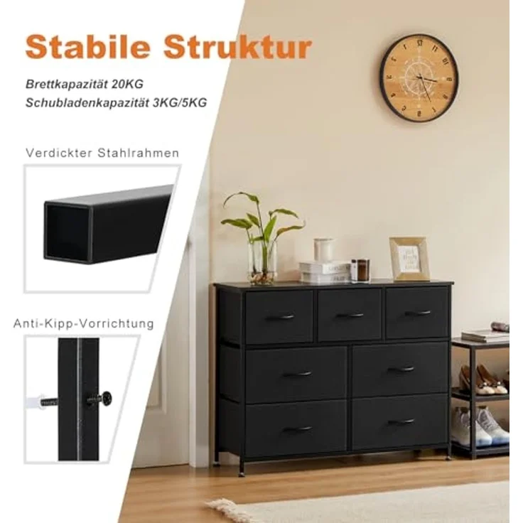 DUMOS Kommode für Schlafzimmer mit 7 Stoffschubladen, hohe Kommode Organizer für Kleidung, Schrank Kinderzimmer, Aufbewahrungsturm mit Schrank, Metallrahmen, Holzplatte, leichte Kinderzimmermöbel – Bild 6