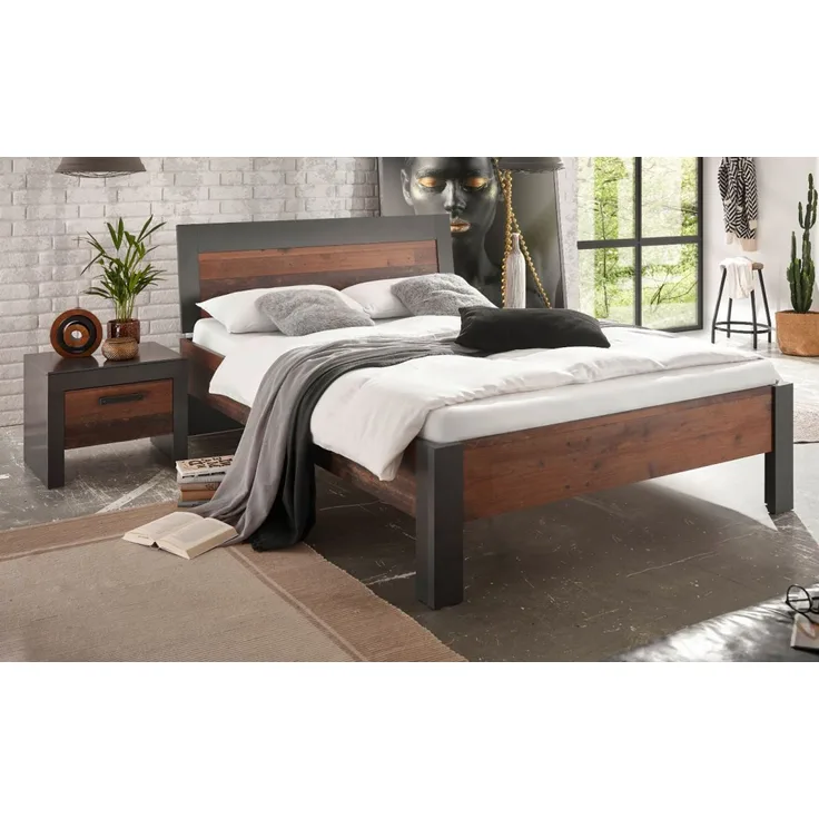 Bett und Nachttisch Ward in Used Wood Shabby und Matera grau Liegefläche 140 x 200 cm Set 2-tlg.