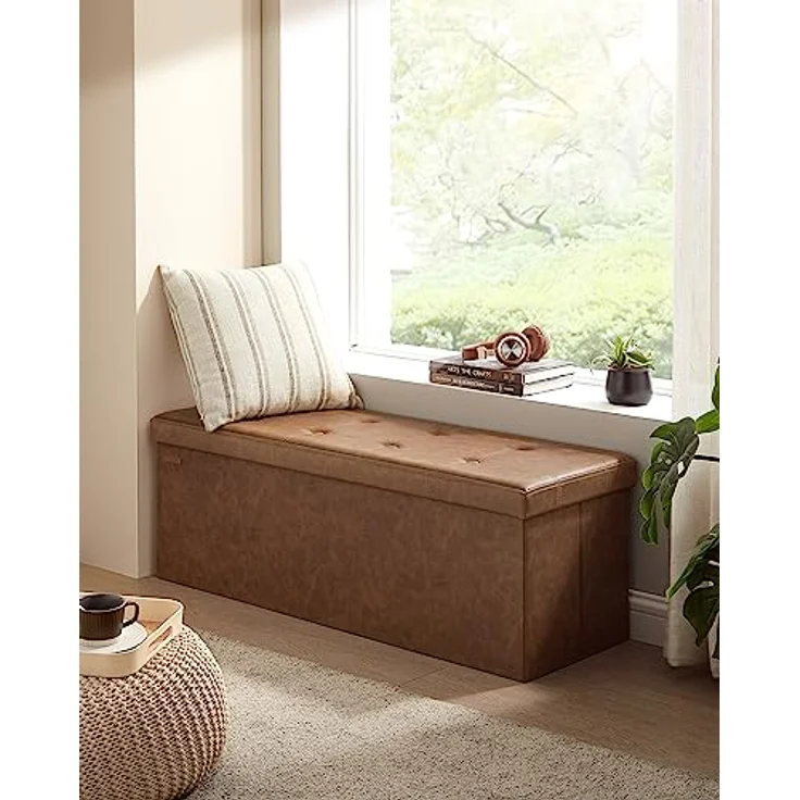 Songmics 110 cm Sitzbank mit Stauraum, Sitztruhe, Aufbewahrungsbox, Fußhocker, faltbar, gepolstert, Bezug aus PU, bis 300 kg belastbar, kaffeebraun LSF070K01V1 – Bild 3