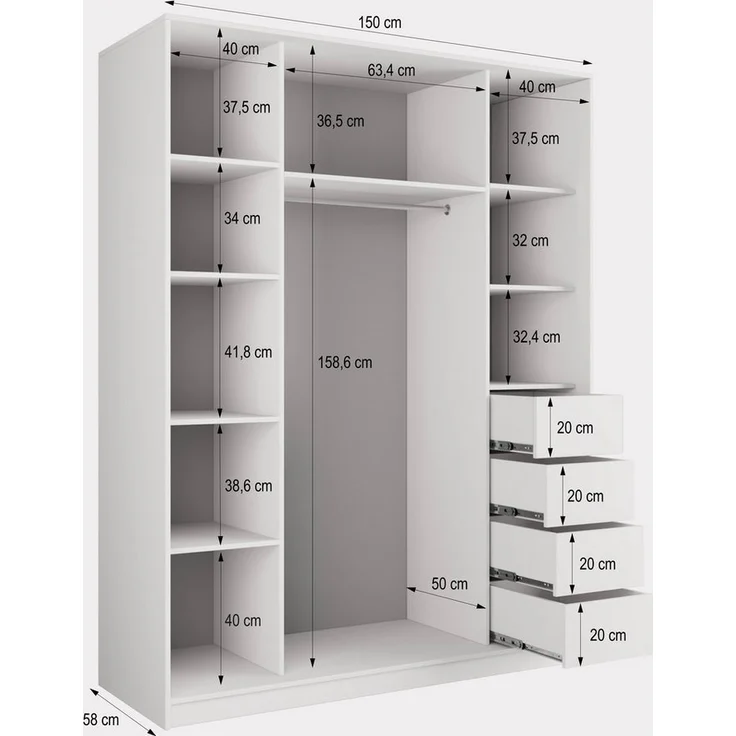 Masseno Schwebetürenschrank NATA Kleiderschrank mit Spiegel und Schubladen Schlafzimmerschrank – Bild 3