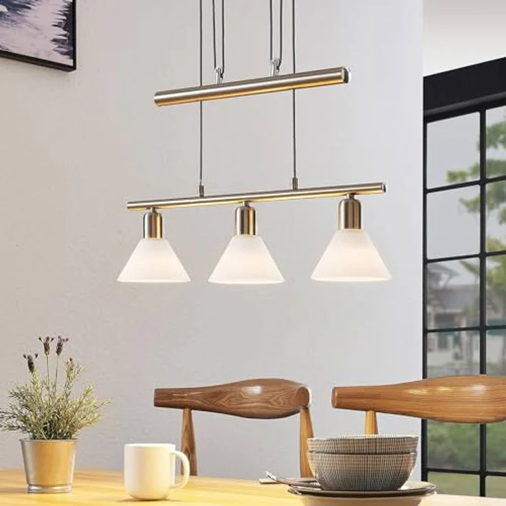 Lindby Pendellampe Delira, 3-flg., nickel, höhenverstellbar mit weißen Glasschirmen – Bild 3