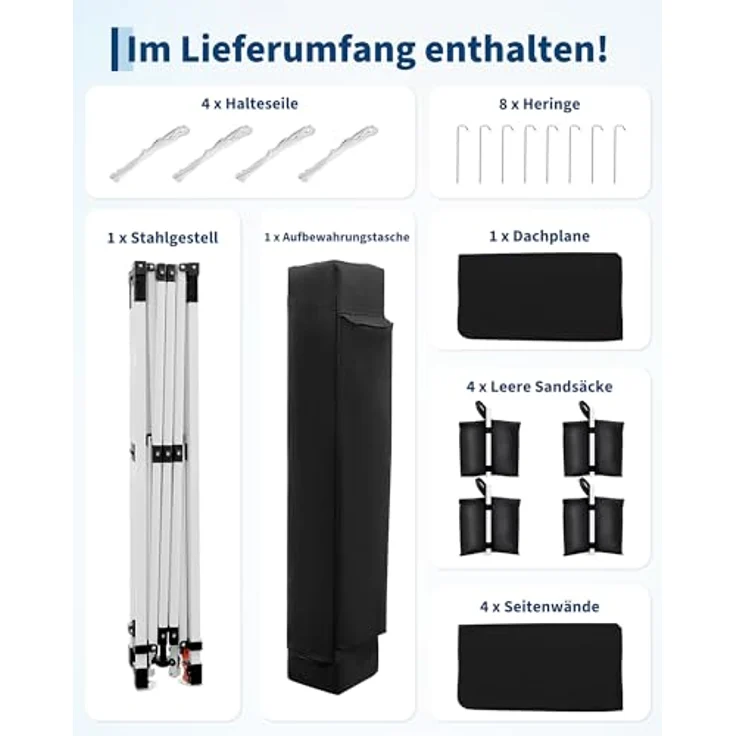 Faltpavillon 3x3 m wasserdicht stabil mit 4 Seitenwänden – Pop up Pavillon faltbar aus 420D Oxford, UV-Schutz 50+, 3-Fach höhenverstellbar, Partyzelt mit Tragetasche für Garten & Outdoor Schwarz – Bild 6