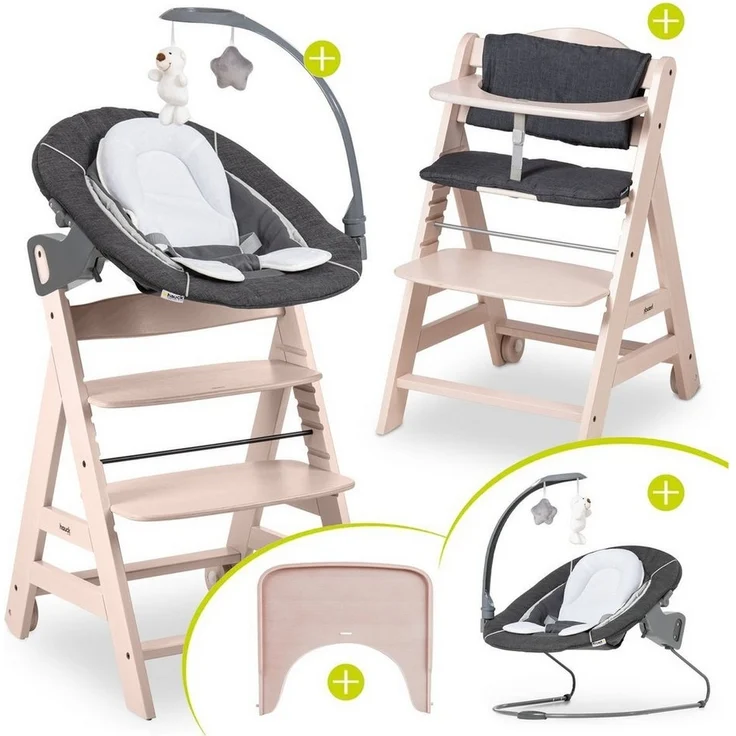 Hauck Hochstuhl Beta Plus Whitewashed Newborn SetWippe Deluxe, Holz Babystuhl ab Geburt mit Neugeborenensufsatz, Sitzkissen, Essbrett – Bild 1