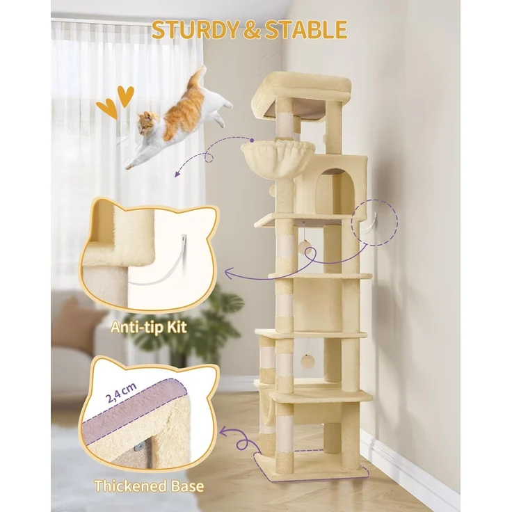 Kratzbaum groß, 170 cm hoch, Katzenbaum, mit 8 Kratzbäume, 2 Höhlen, groß Plattformen, Waschbare Matte, Hängematte, Plüschbälle, mehrstöckiger katzenkratzbaum, Beige – Bild 7