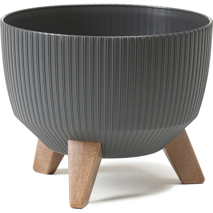 LAMELA Runder Blumentopf mit stivollen Füßen - Moderner Kunststofftopf mit Streifen - Ø 24 cm x H 15 cm, 5,1 L - Wetterfest & pflegeleicht - Für Innen & Außen - Anthrazit