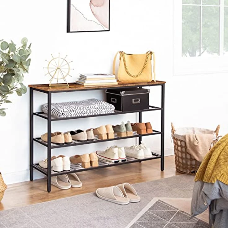 HOOBRO 4 Ebenen Schuhregal, Schuhablage schmal, 100 x 30 x 68 cm, Schuh-Organizer mit sitzfläche, Eingang, Wohnzimmer, Flur, Schlafzimmer, Industrielle, Dunkelbraun-Schwarz EBF04XJ01 – Bild 7