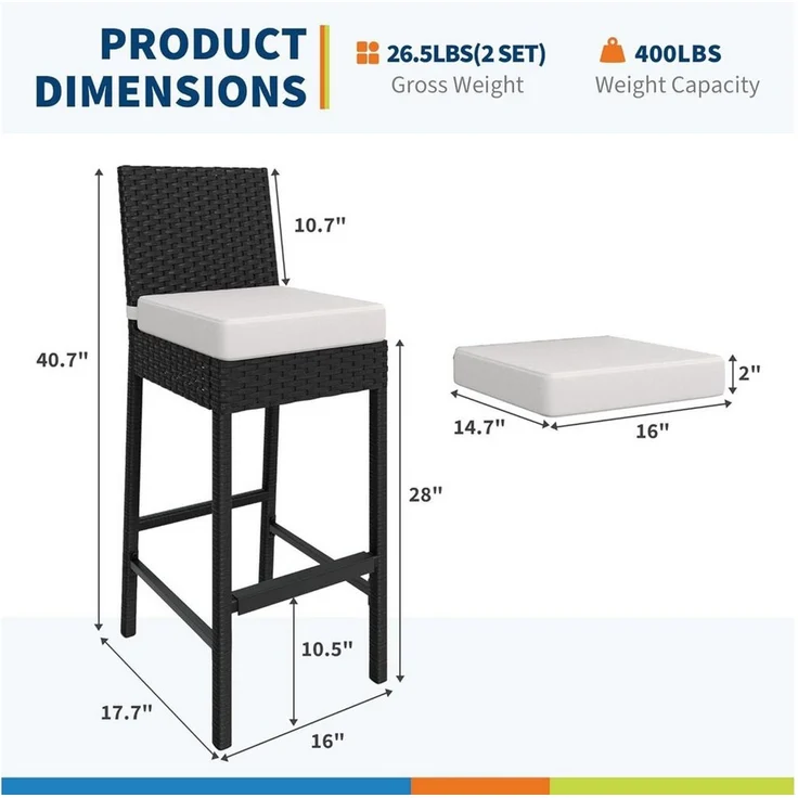 GarveeMore Barhocker geflochtene Outdoor,Rattan-Terrassenbarstühle und ohne Armlehnen (2 St), Barstuhl für den Außenbereich mit weichem Sitzkissen – Bild 1