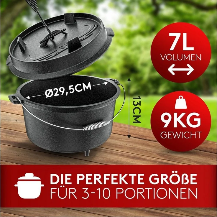 Amandi Feuertopf BBQ Dutch Oven Feuertopf - Gusseisen Set 7L für Grill & Lagerfeuer, Gusseisen, Voreingebrannt inklusive Deckelheber und E-Book – Bild 3