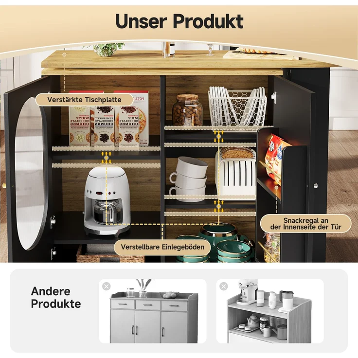 Kücheninsel Stehtisch 204x39x105cm MDF Metall Barwagen Aufbewahrung Drehtisch,Schwarz & Natur – Bild 6