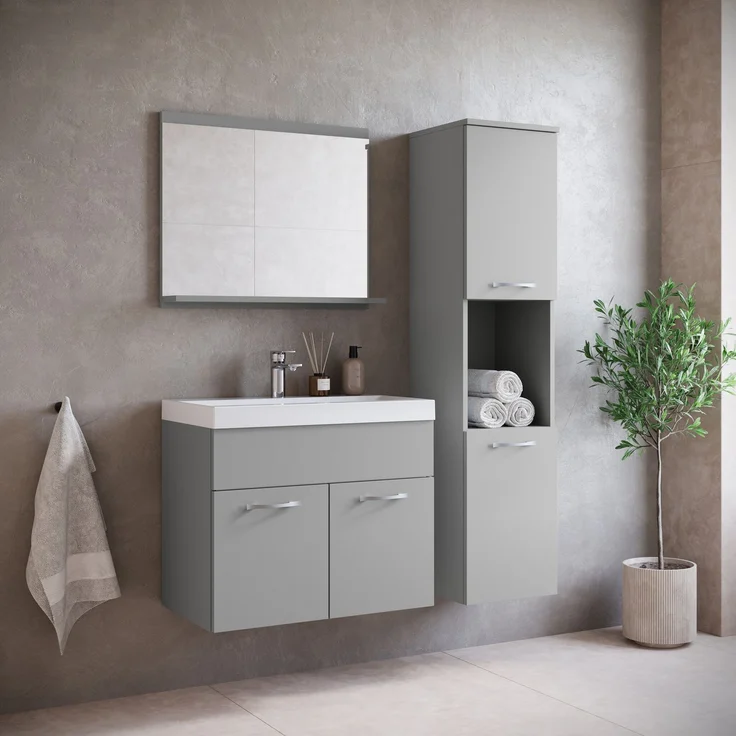 Badplaats Badezimmerschrank Montreal 30 x 30 x 131 cm Grau Matt - Hoch Badschrank Mit 2 Türen – Bild 3