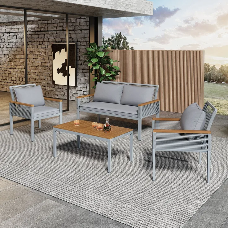 Merax Gartenlounge-Set für 4 Personen, Gartenmöbel Set mit bequemem Kissen, Doppelsofa, 2 Sessel und Tisch, Outdoor, Rattan, Tisch und Stühle, grau