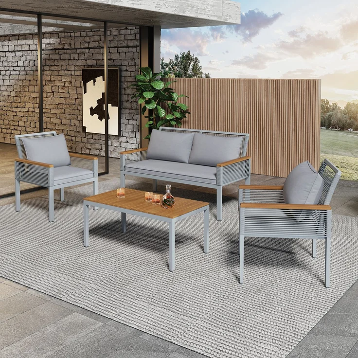 Merax Gartenlounge-Set für 4 Personen, Gartenmöbel Set mit bequemem Kissen, Doppelsofa, 2 Sessel und Tisch, Outdoor, Rattan, Tisch und Stühle, grau – Bild 1