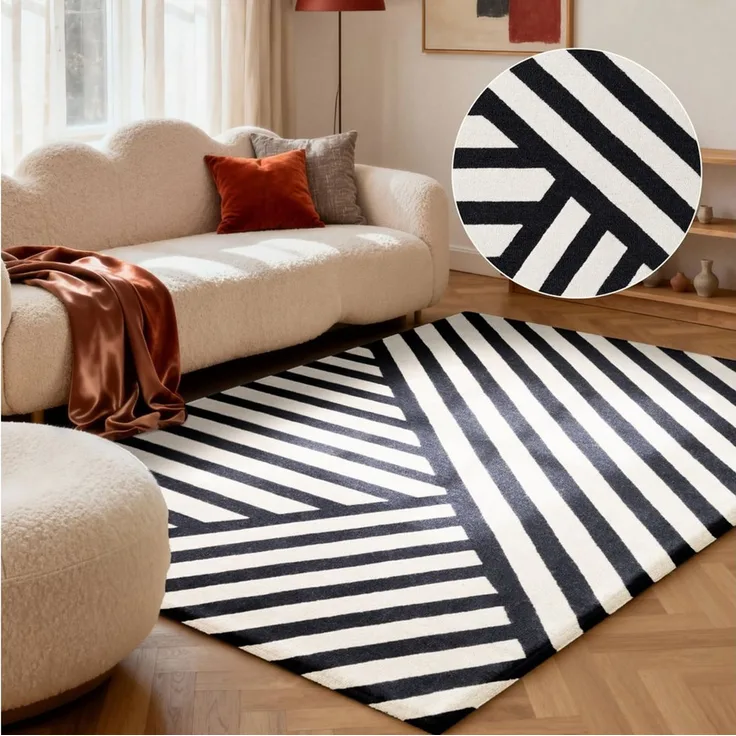 ELLE DECORATION Wollteppich Noir, rechteckig, Höhe: 12 mm, Wolle, Natur, Wohnzimmer, schwarz weiss, Modern, Geometrisch, Streifen