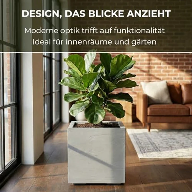 LAMELA Pflanzkübel mit Rollen 40 cm, 36L – Blumentopf aus Kunststoff in Holzoptik – Übertopf mit Wasserablauf – Modern für Innen & Außen - Wetterfest & Pflegeleicht, Hellgrau – Bild 3