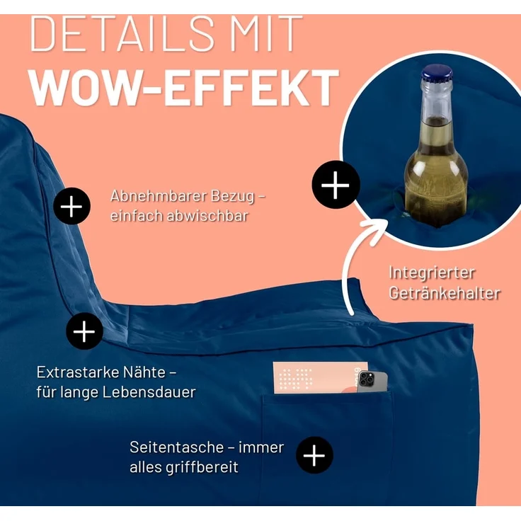 Lumaland Sitzsack-Lounge In-& Outdoor 380l navyblau mit Flaschenhalter – Bild 4