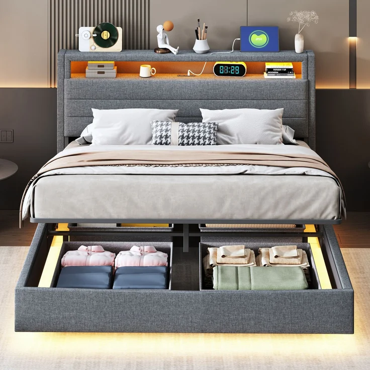 Polsterbett 140x200 cm mit LED-Licht, USB-Anschluss, hydraulischem Stauraum, drehbarem Kopfteil, Leinenstoff – Bild 3