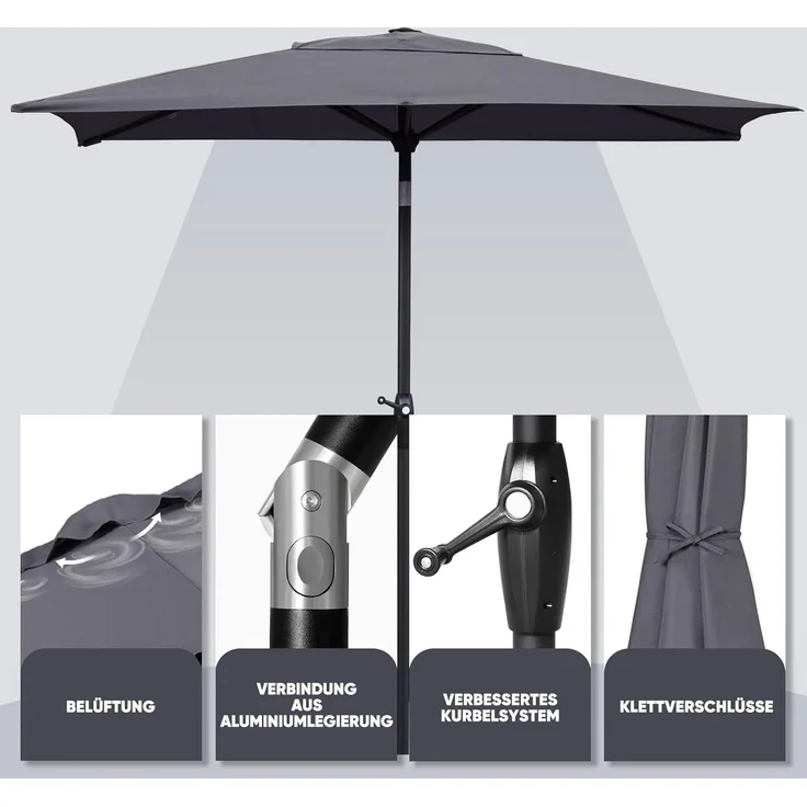 Sekey Sonnenschirm mit Kurbel und UV50+, knickbar, Aluminium grau, 210 × 140 cm – Bild 6