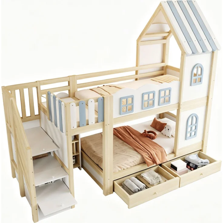 Merax Etagenbett 90 x 200 cm, Kinderbett, Jugendbett, Mit Bettgitter in Wolkenform, Dachkonstruktion Mit Fenstern, Stauraumleiter, Regalen und Schubladen, Kinderbett aus Holz, Weiß – Bild 10