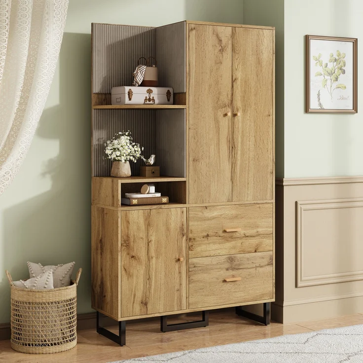 CHICFURN Schrank 110x186x38 cm mit Schubladen, aus MDF – Garderobe mit Kleiderstange Schwarz,Natur – Bild 5