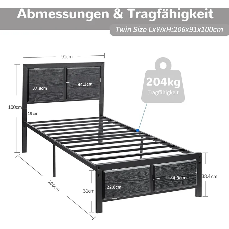 VECELO Bettgestell 90x200 cm, Metallbett mit Dick Holzkopfteil und Lattenrost, Modern Gästebett Jugendbett mit Stauraum Unter Dem Bett, Perfekt für Schlafzimmer, Schwarz – Bild 2