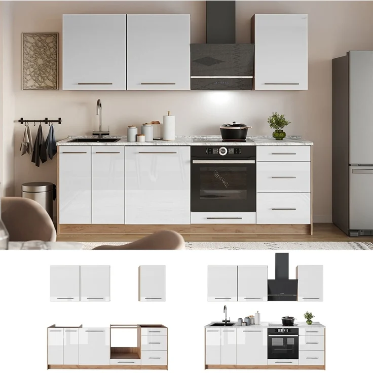 Küchenzeile Fame-Line Weiß Hochglanz/Goldkraft Eiche 230 cm, AP Marmor Vicco – Bild 4