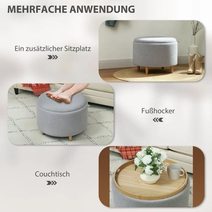 Hocker Polsterhocker, Teddyfleece, versteckter Stauraum, umkehrbarer Deckel, 56 cm x 56 cm x 42 cm, Grau--Grau--56x56x42cm--YOUDENOVA – Bild 7