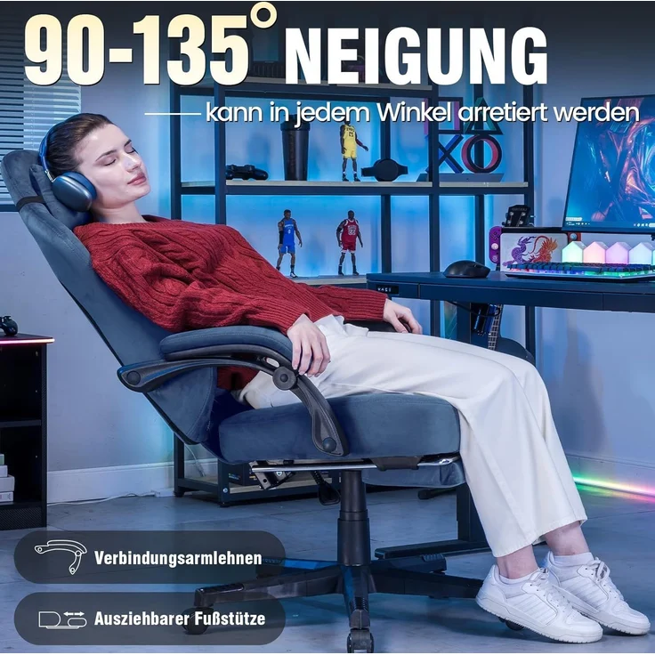 GTPLAYER Gaming Stuhl Stoff Gaming Chair Ergonomisch Bürostuh PC Stuhl, 150kg Belastbarkeit, Verstellbarer und Drehbarer Schreibtischstuh mit Federsitzkissen und Fußstütze, BLAU – Bild 8