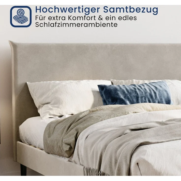 Home Collective Polsterbett 140x200 und 160x200 cm mit Lattenrost und weichem Bezug, Bettgestell (Doppelbett mit gepolstertem Kopfteil, robustes Gestell, hoher Liegekomfort), 160x200 cm, Beige, Samtbezug – Bild 3