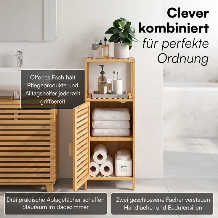 Bellamio 'Newa' Badezimmer Schrank, Bambus, natur, 85x33x33 cm, Badschrank mit 3 Ablagefächern – Bild 3