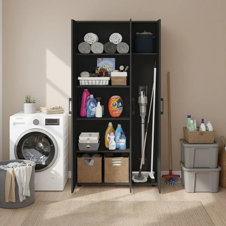 Bellamio 'Apol' Mehrzweckschrank, schwarz, 176x33x90 cm, Putzschrank mit 3 Türen und 5 Regalen, Besenschrank mit Staubsaugerfach – Bild 7