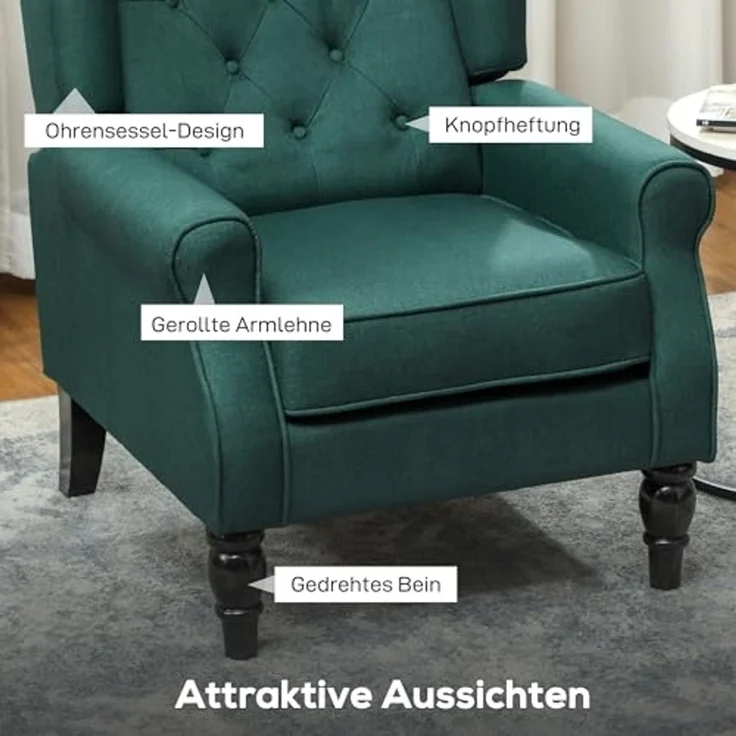 HOMCOM Sessel mit Armlehnen, Kissen, Tufting, hoher Rückenlehne (Ohrensessel, 1-St, Loungesessel), für Wohnzimmer, Schlafzimmer, Dunkelgrün – Bild 4