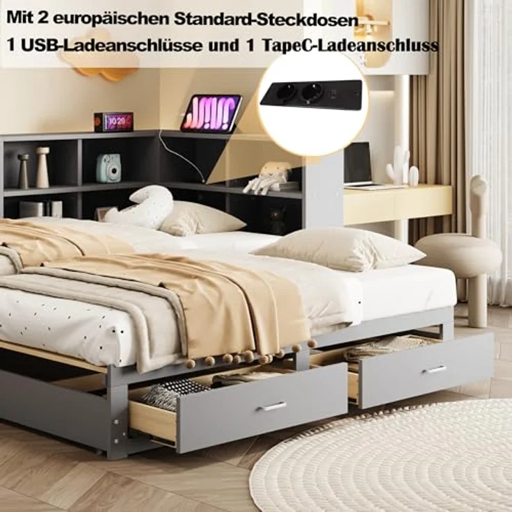 Ball & Cast Stauraumbett (90/180x190 cm) mit Schublade, Schlafsofa mit Vielen Ablagefächern + Multifunktionale Euro-Steckdose, Einfach & Zeitsparend Montierbar, Grau – Bild 8