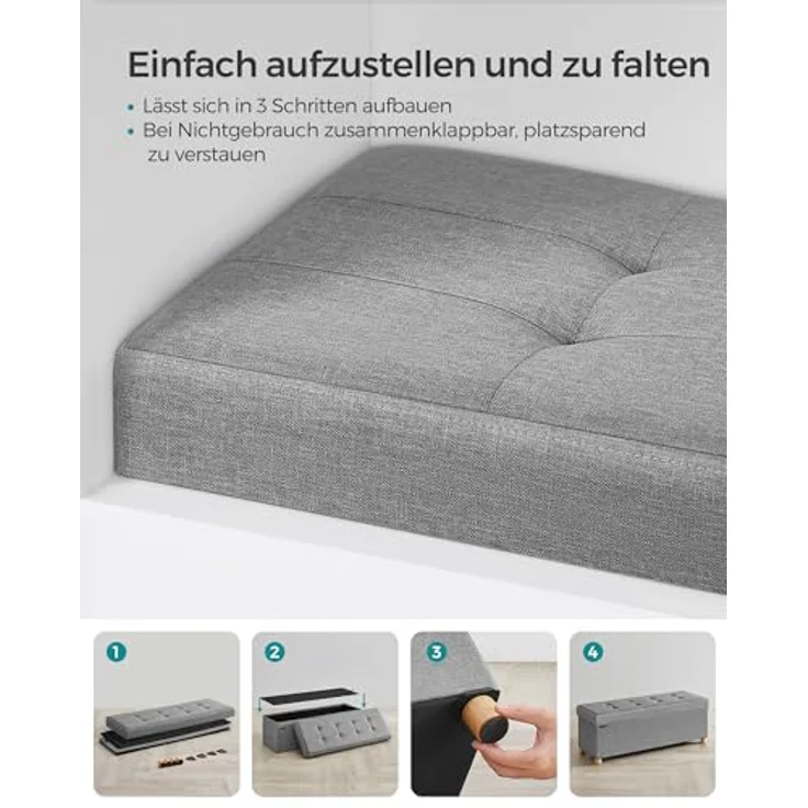 Songmics Sitzbank mit Stauraum, Schuhbank, klappbare Sitztruhe, Aufbewahrungsbox, Fußbank, 38 x 110 x 40 cm, für Wohnzimmer, Schlafzimmer, Aschgrau – Bild 7