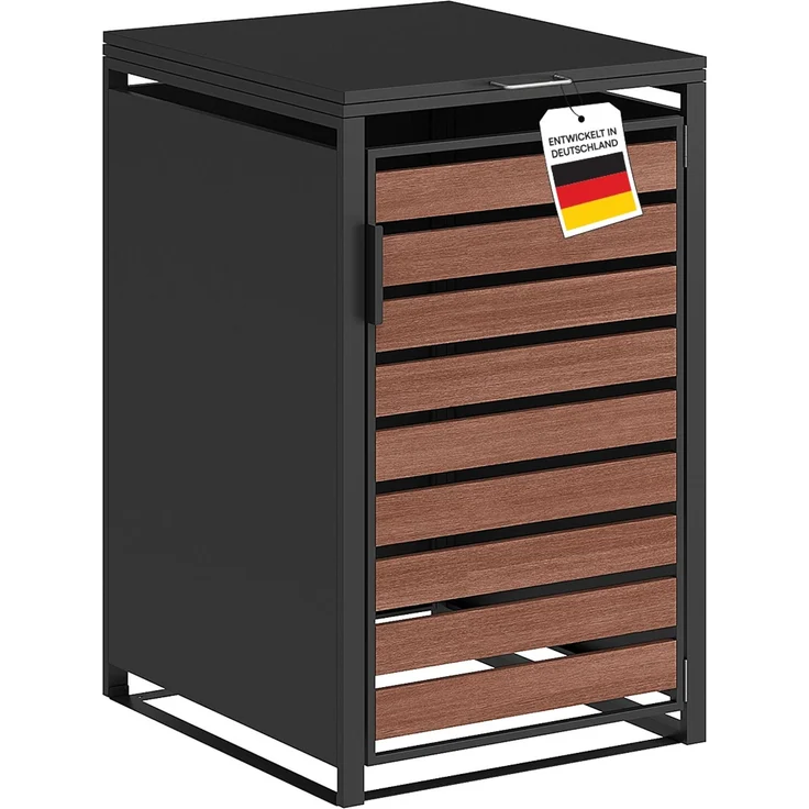 STEELSØN 'Kestra' Mülltonnenbox 1er 240 Liter, graphitschwarz mit Nußbaum-Holzoptik, Mülltonnenverkleidung aus Stahl, wetterfest, 116x80x69 cm, Müllbox für 1 Tonne – Bild 1