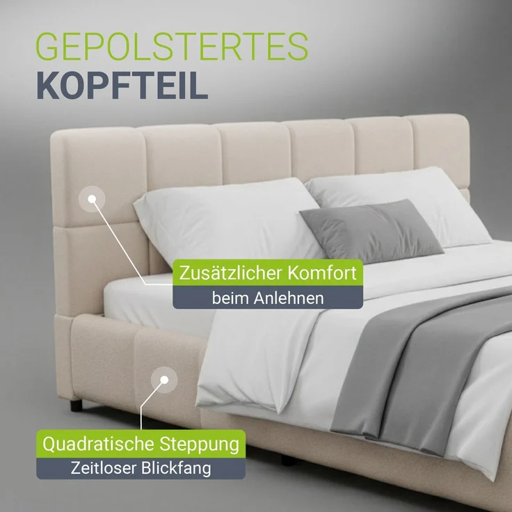 Juskys Polsterbett Florenz 180 x 200 cm – Bouclé, modernes Bett mit Kopf- & Fußteil, stabilem Holz- & Metallrahmen, Lattenrost, 500 kg Tragkraft – Beige – Bild 5
